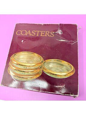 Set of 4 Vintage Towle Brass Plated Crystal Sunburst Coasters Italy
